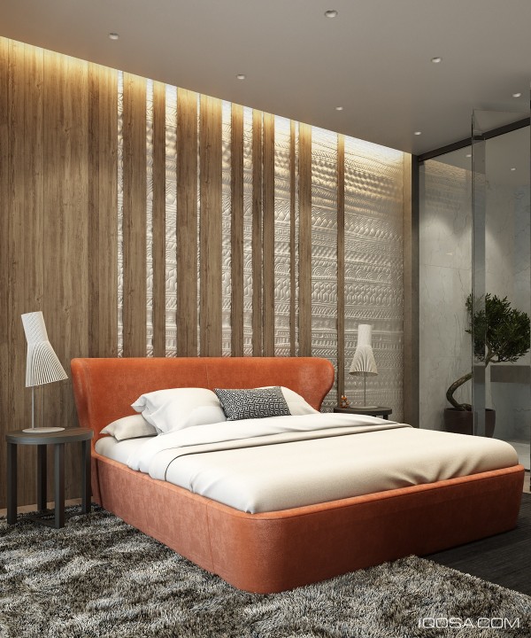 This is a timeless design that you might expect to see in an awesome movie like Pulp Fiction. The ambiance of discontinued vertical wood slats, the highlights of hidden lighting, and the pop of the orange bed centerpiece is what makes this bedroom come to life.