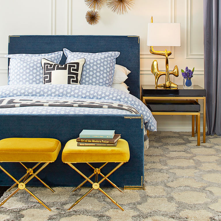 This bedroom set was a fantastic design from Jonathan Adler. The comforting blue combined with a luscious gold accent makes this a true masterpiece.