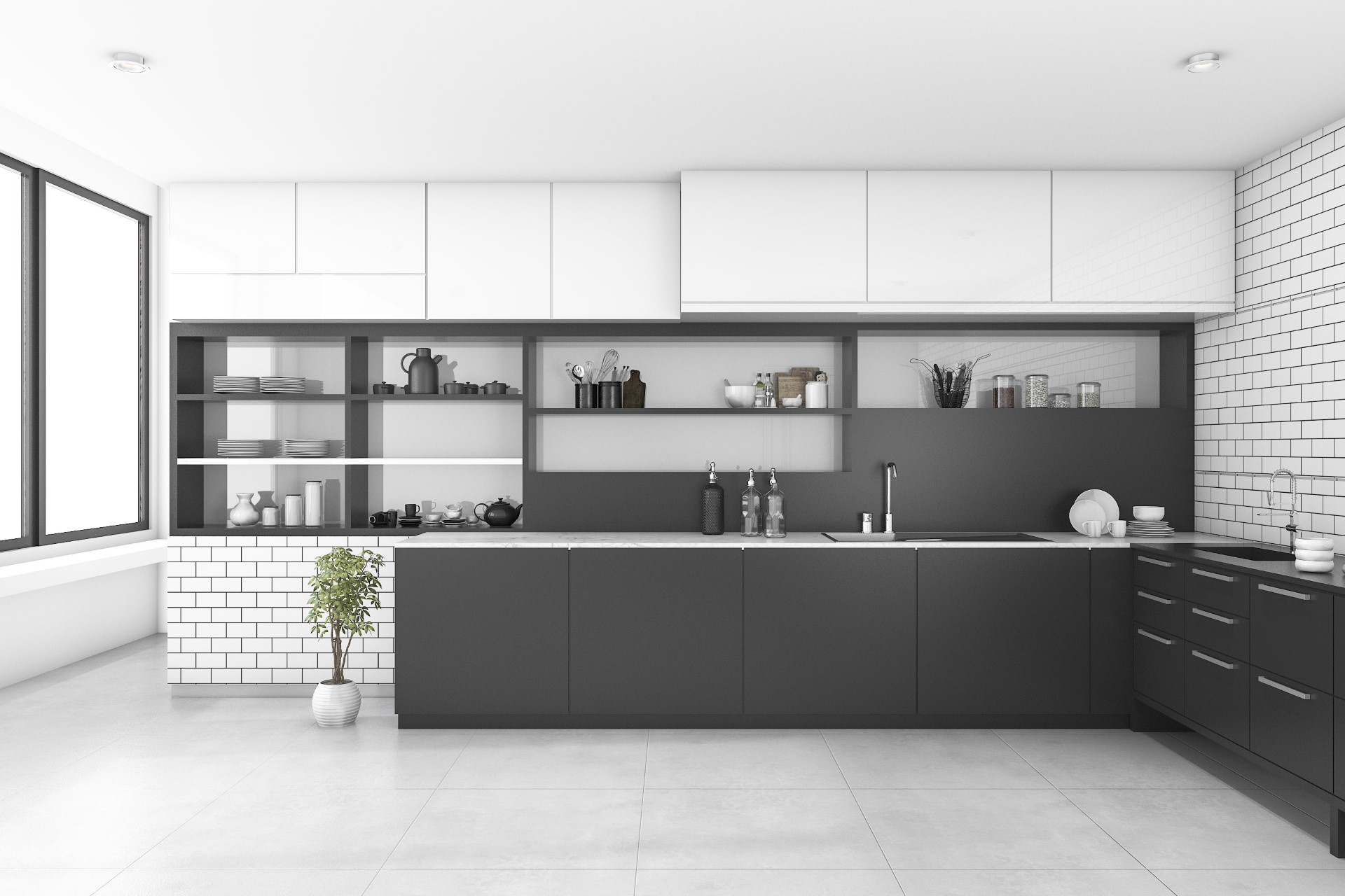 For someone who wants that bold entryway to the cooking environment, this is the aggressive style you need. All the dishes readily on display, no more shuffling through cabinets to find what you need. This minimalist design carries the bear functionalities of the common kitchen.