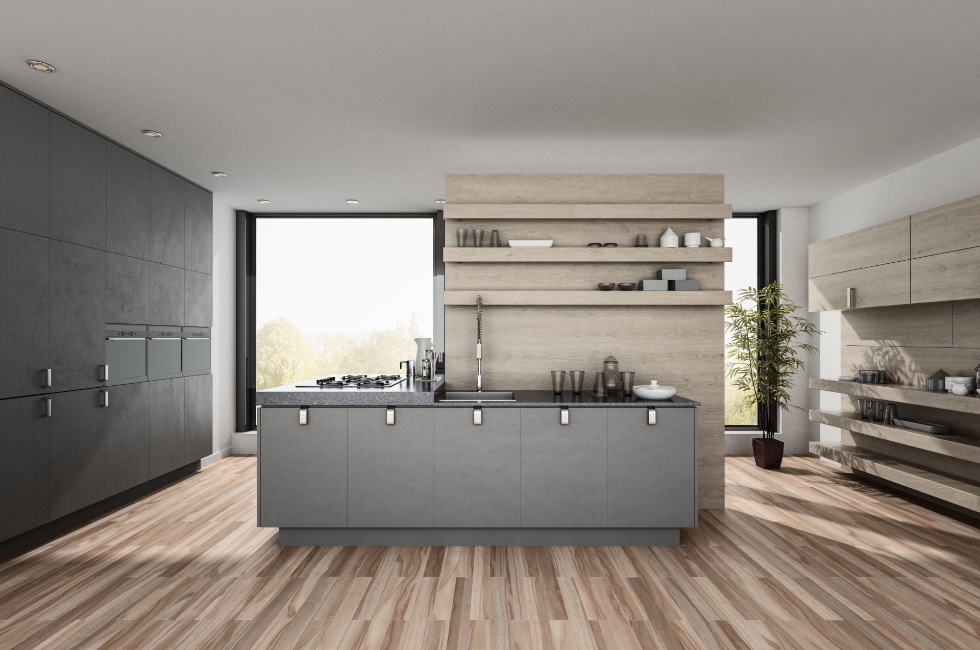 This bizarre kitchen is sure to catch your attention from its minimalist modern roots and decor. It has all the functionalities you need including hidden storage, space saving stovetop, and storage for your dishes.