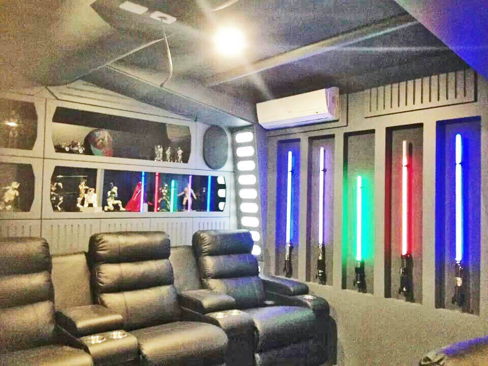 This type Star Wars room requires a little bit of work to do properly. You're looking at paneling, framed recesses, and properly run electrical. When done properly, you can bring a Star Wars room of this magnitude the life.