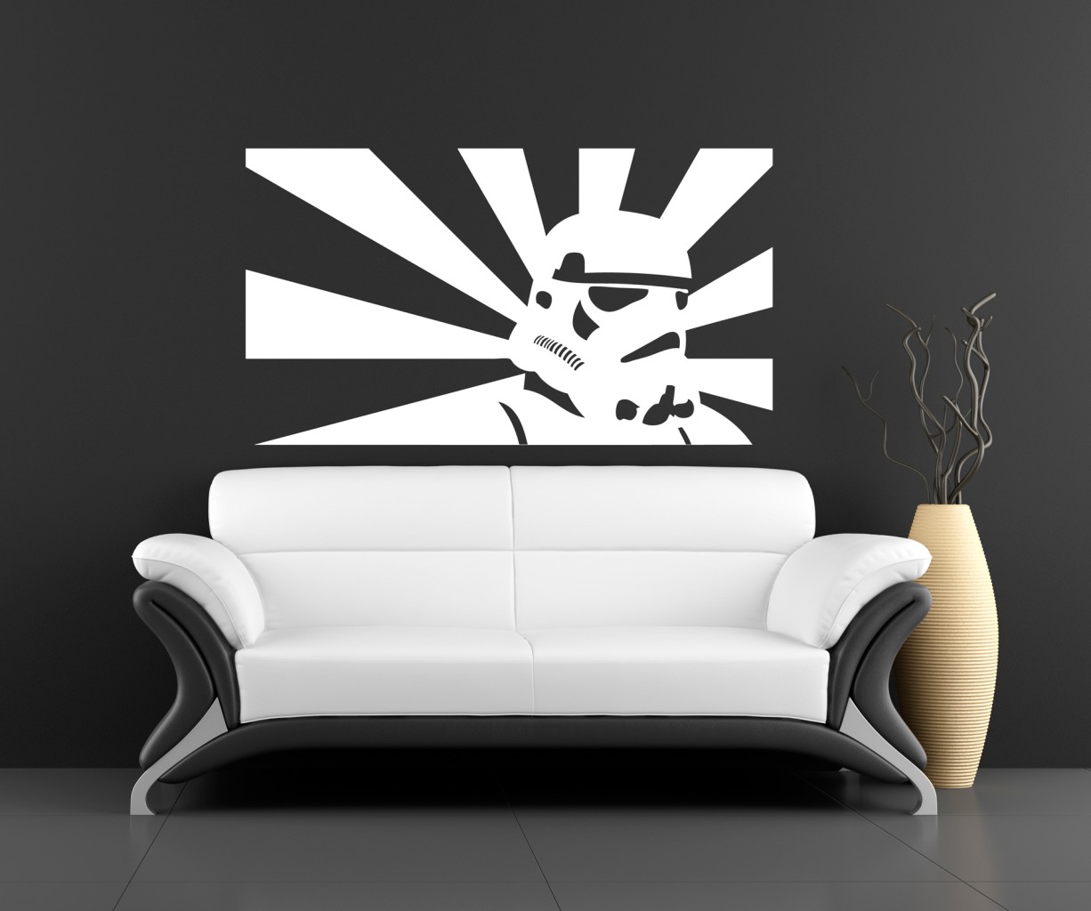 If you're going for a minimalist Star Wars design, all it takes is a fresh looking leather couch, and a bold Star Wars art piece.