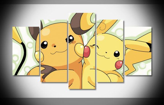This five panel canvas set featuring Pikachu and Riachu is a superb contemporary way for decorating a kids bedroom.