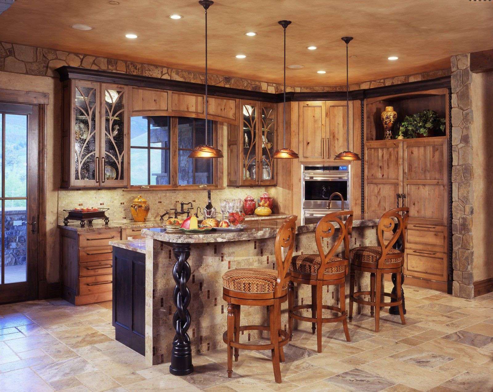 This rustic farmhouse kitchen idea carries more of an English design. Doing a photo finish on the ceiling with lighting over the island countertop with seating is a great idea.