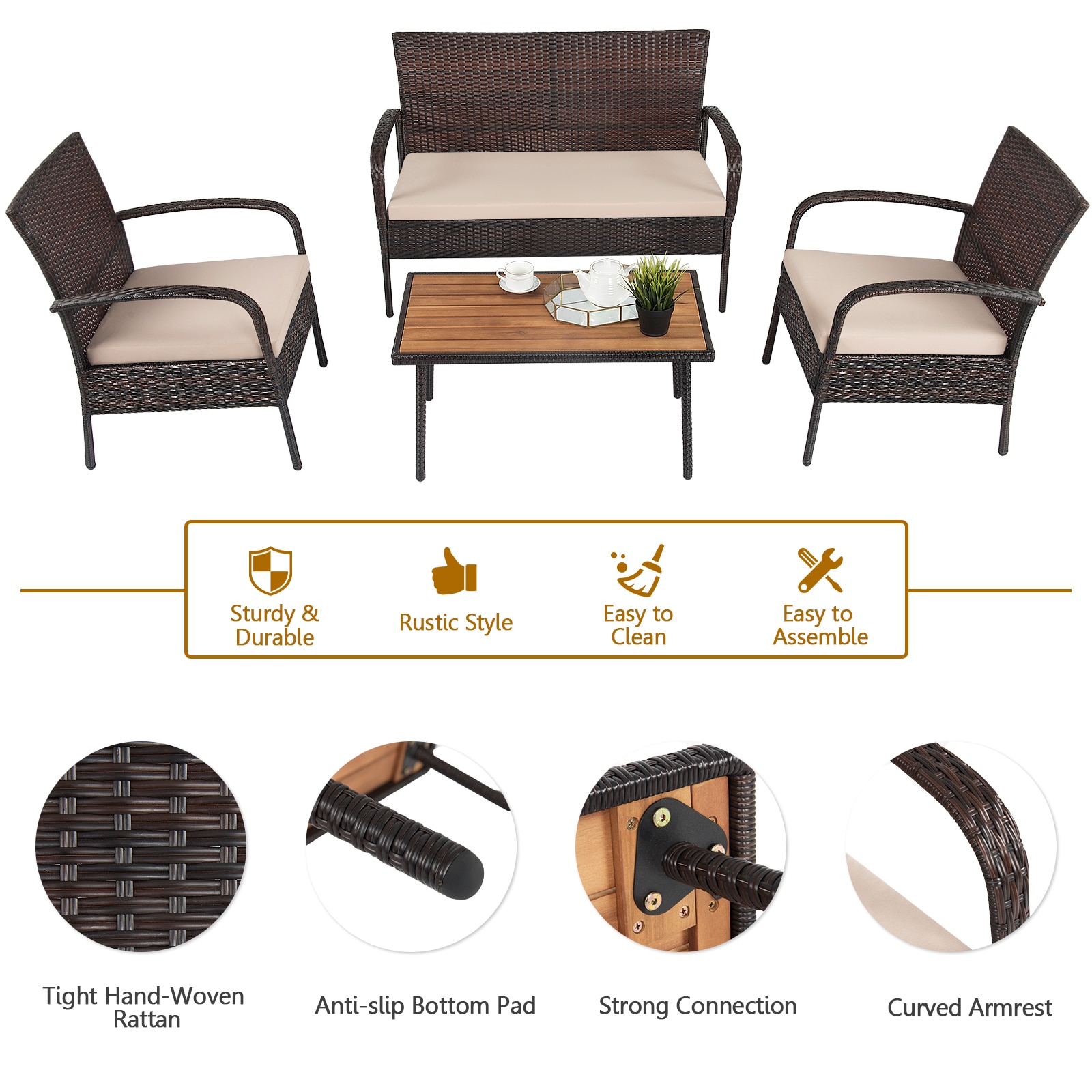4PCS Patio Rattan Furniture Set Outdoor Conversation Set Coffee Table w/Cushions HW66527