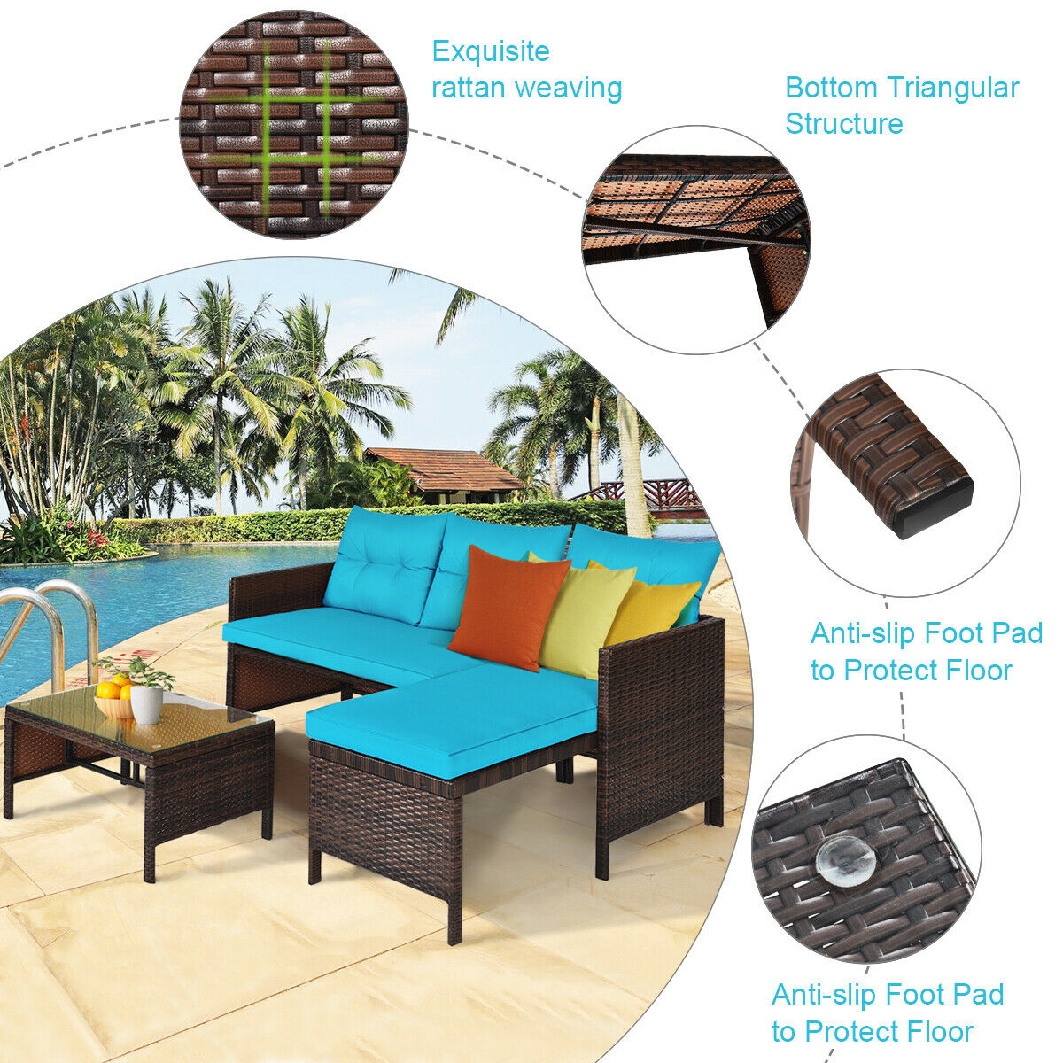 Costway 3PCS Patio Wicker Rattan Sofa Set Outdoor Sectional Conversation Set Garden Lawn HW63870
