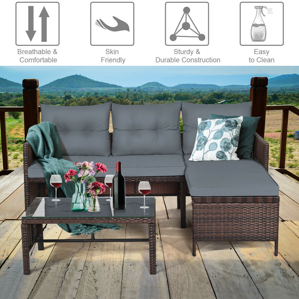 Costway 3PCS Patio Wicker Rattan Sofa Set Outdoor Sectional Conversation Set Garden Lawn HW63870