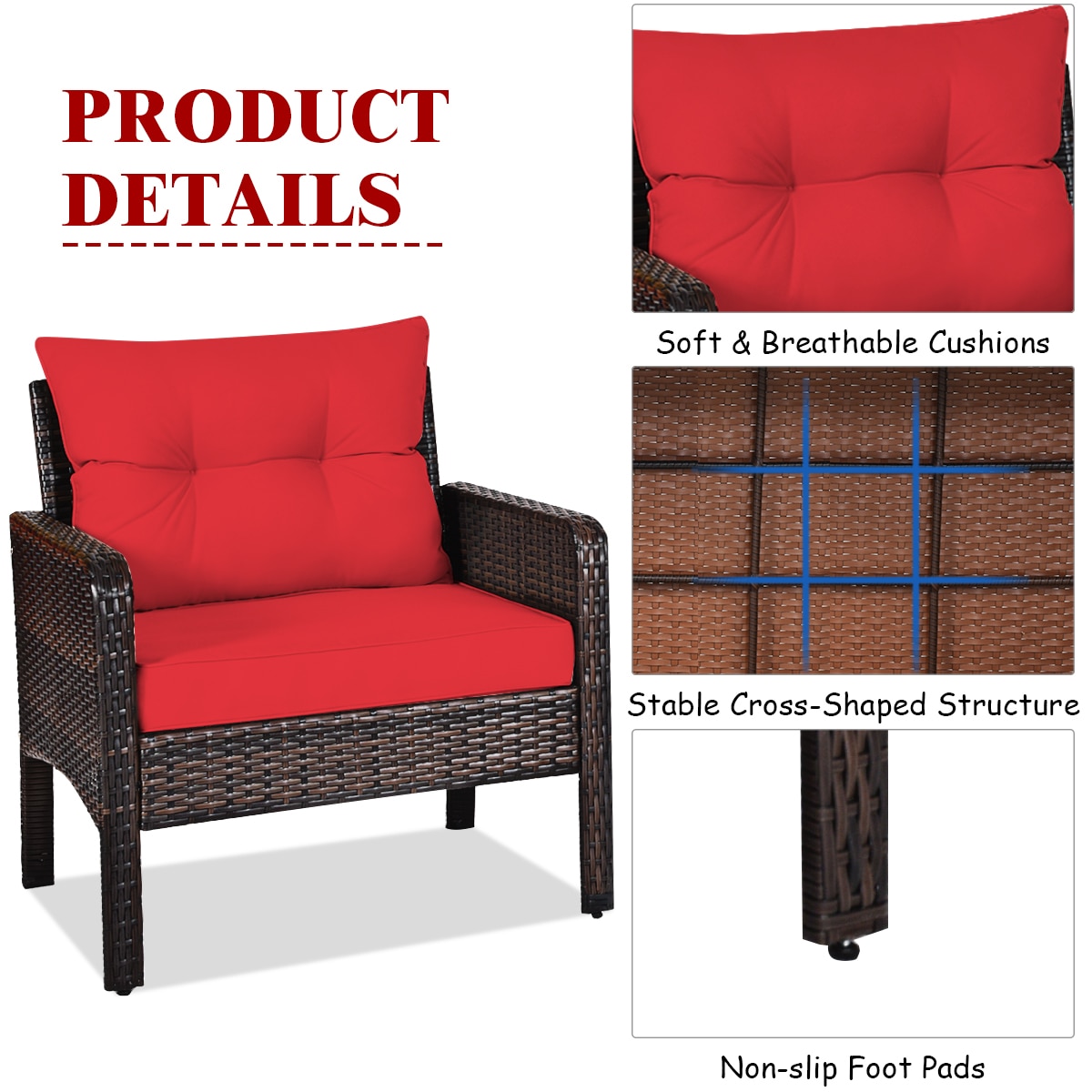 3PCS Outdoor Rattan Conversation Set Patio Garden Cushioned Sofa Chair HW63760