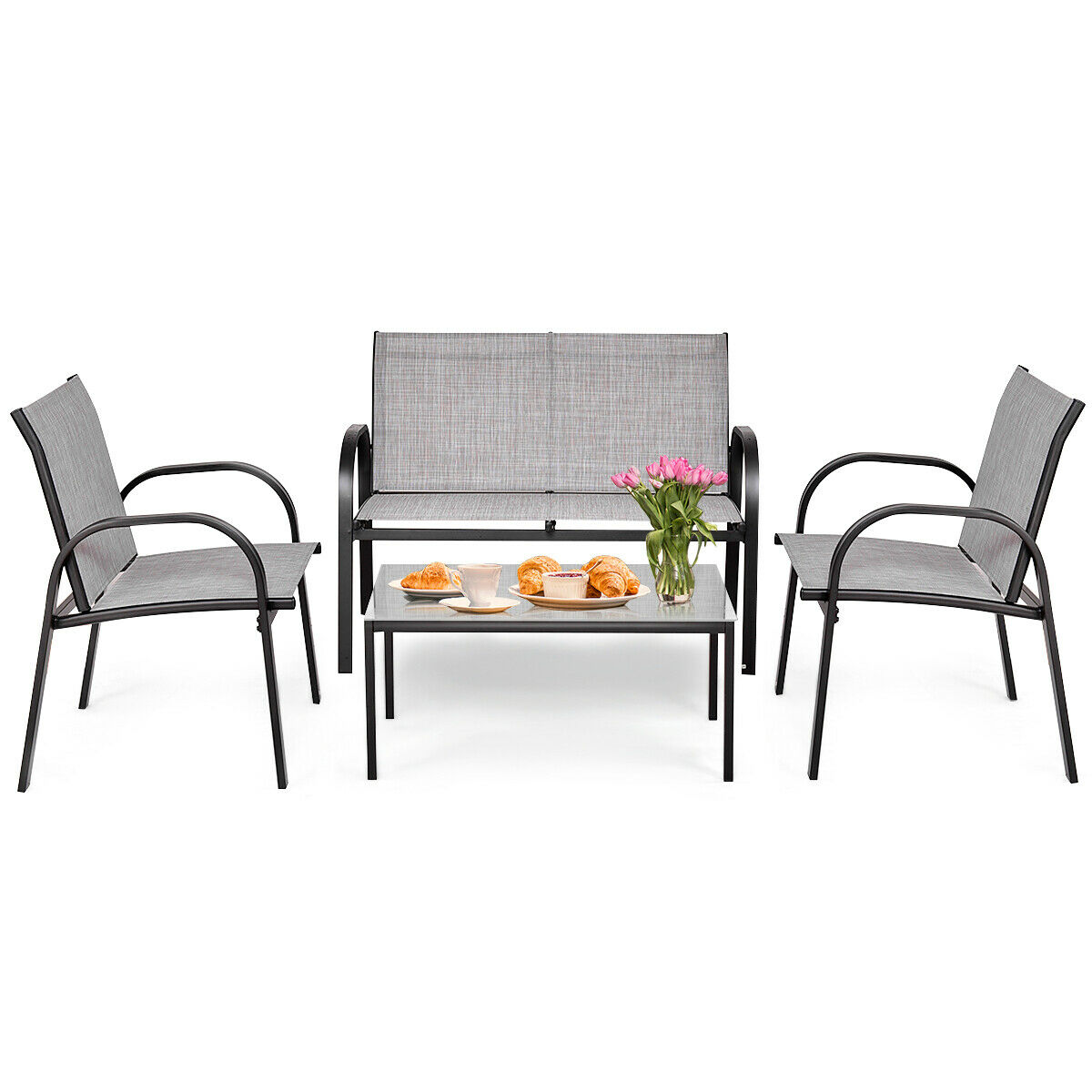 Costway 4 PCS Patio Furniture Set Sofa Coffee Table Steel Frame Garden Deck Gray HW65848