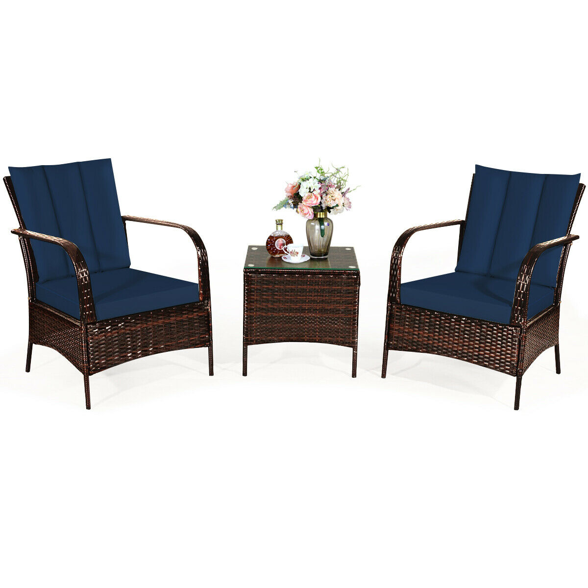 3 PCS Patio Rattan Furniture Set Coffee Table & 2 Rattan Chair with Cushions HW65850