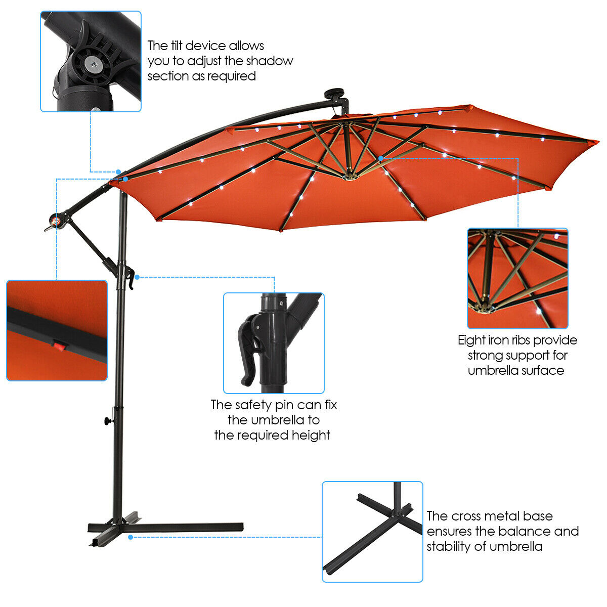 Costway 10' Hanging Solar LED Umbrella Patio Sun Shade Offset Market W/Base OP70754
