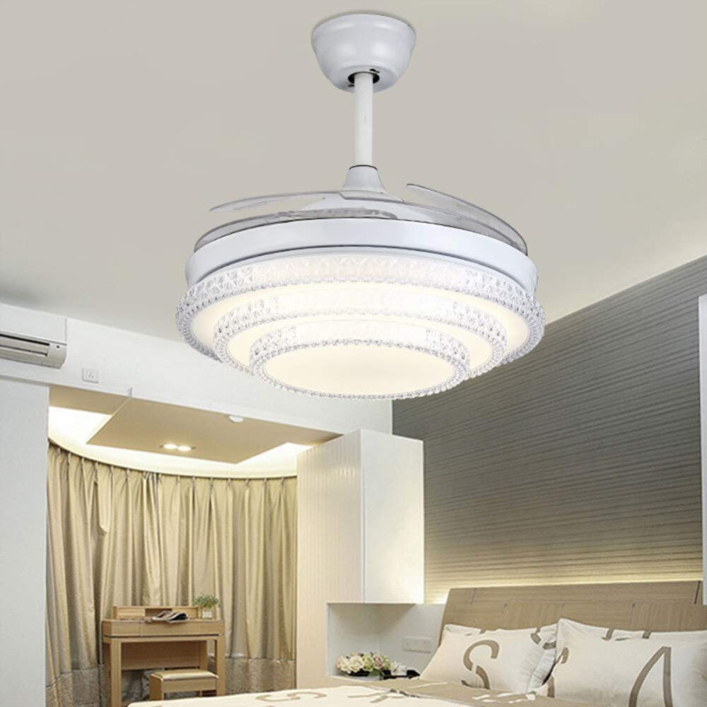 42” Crystal Ceiling Light Fan Retractable Blades Remote Control LED Chandelier 3 Speeds 3 Colors Changes Lighting Fixture