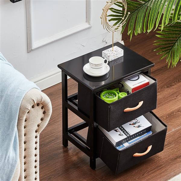 Nightstand Bedside Table 2 Drawer Dresser Storage Cabinet Wood Frame Storage Tower Chest Organizer Fabric[US-Stock]