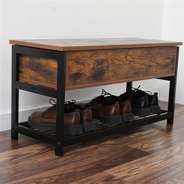 Footstool Shoe Changing Stool Industrial Storage Bench Entryway Lift Top Dining Room Hallway Living Room Metal Frame[US-Stock]