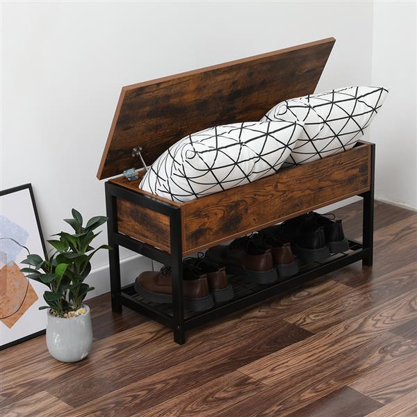 Footstool Shoe Changing Stool Industrial Storage Bench Entryway Lift Top Dining Room Hallway Living Room Metal Frame[US-Stock]