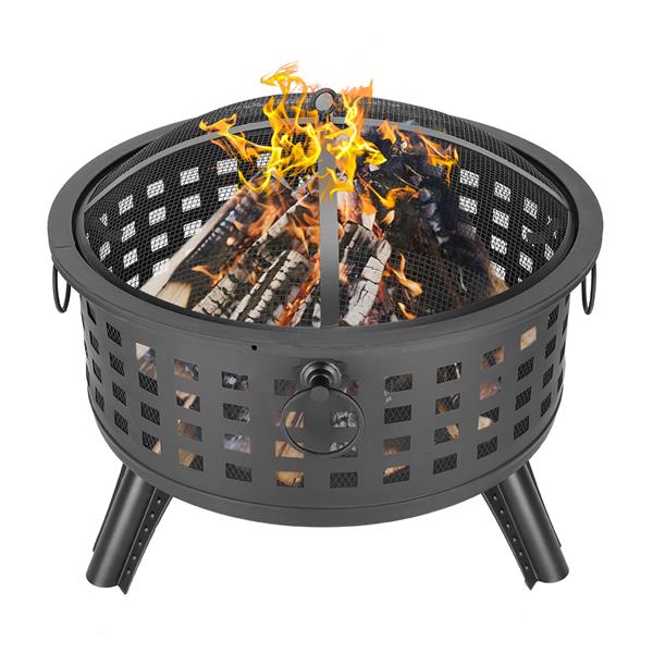 Portable Courtyard Metal Fire Pit 26” Round Lattice Fire Bowl Black for Backyard Poolside