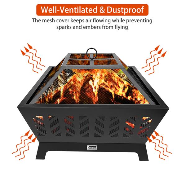 Outdoor Patio Wood Fire 4-Corner Pits 26 Inch Heater Stove with Flame-Retardant Spark Guard Black[US-Stock]
