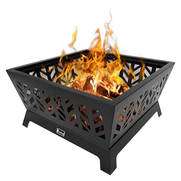 Outdoor Patio Wood Fire 4-Corner Pits 26 Inch Heater Stove with Flame-Retardant Spark Guard Black[US-Stock]