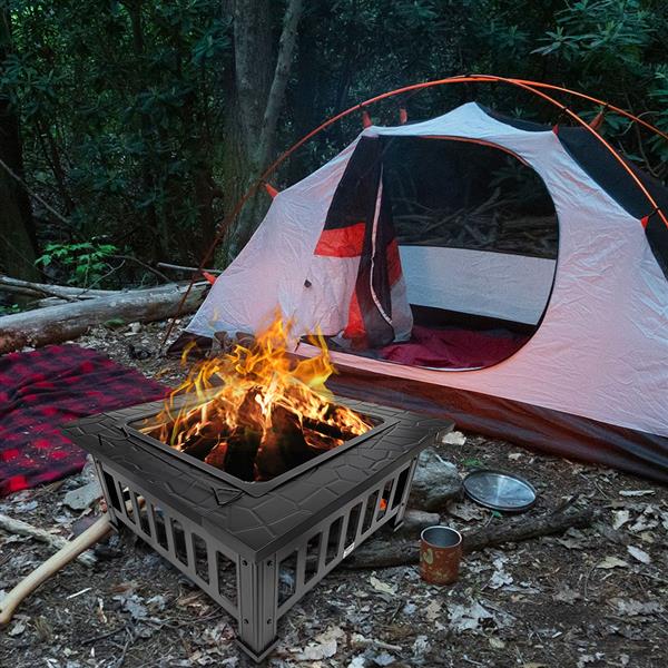 Outdoor Patio Wood Fire 4-Corner Pits 32 Inch Brazier Stove Heater Square Table Top with Grilling Net Hook Dust Cover Black