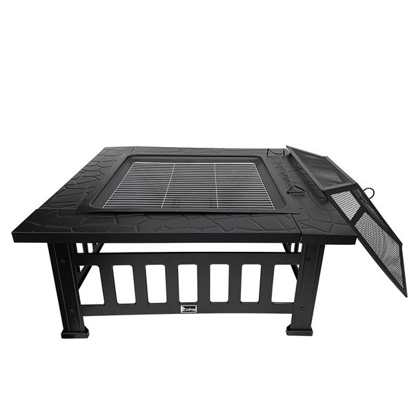 Outdoor Patio Wood Fire 4-Corner Pits 32 Inch Brazier Stove Heater Square Table Top with Grilling Net Hook Dust Cover Black
