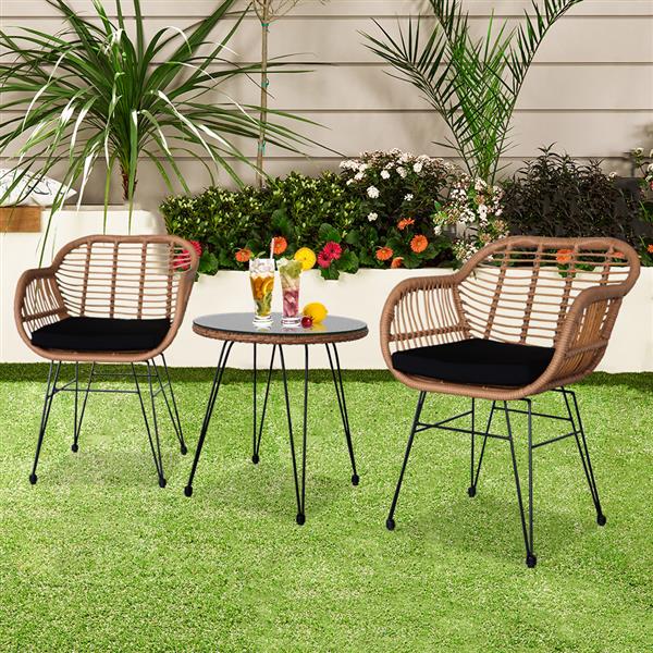 4 Pieces Patio Furniture Set Outdoor Garden Patio Oshion 3 pcs Wicker Rattan Patio Conversation Set with Tempered Glass Table