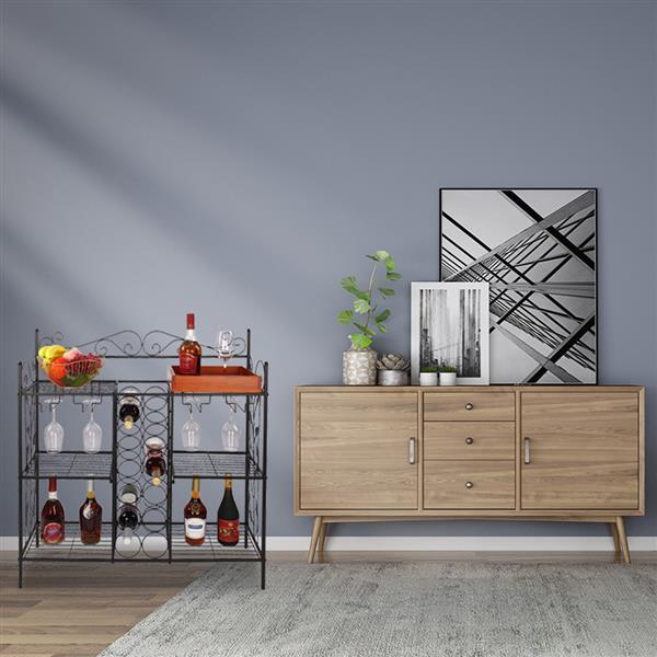 Black Metal Six (6) Shelf Kitchen Bakers Rack Console Table with 12 Bottles Wine Storage and 12 Glass Holder Wine Rack