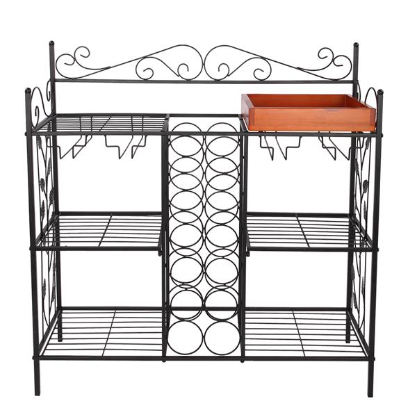 Black Metal Six (6) Shelf Kitchen Bakers Rack Console Table with 12 Bottles Wine Storage and 12 Glass Holder Wine Rack