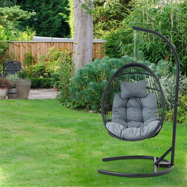 Hanging Egg Swing Chair Wicker Basket Seat with Cushion Steel Support Stand Frame for Home Patio Deck Garden Yard Backyard[US-W]