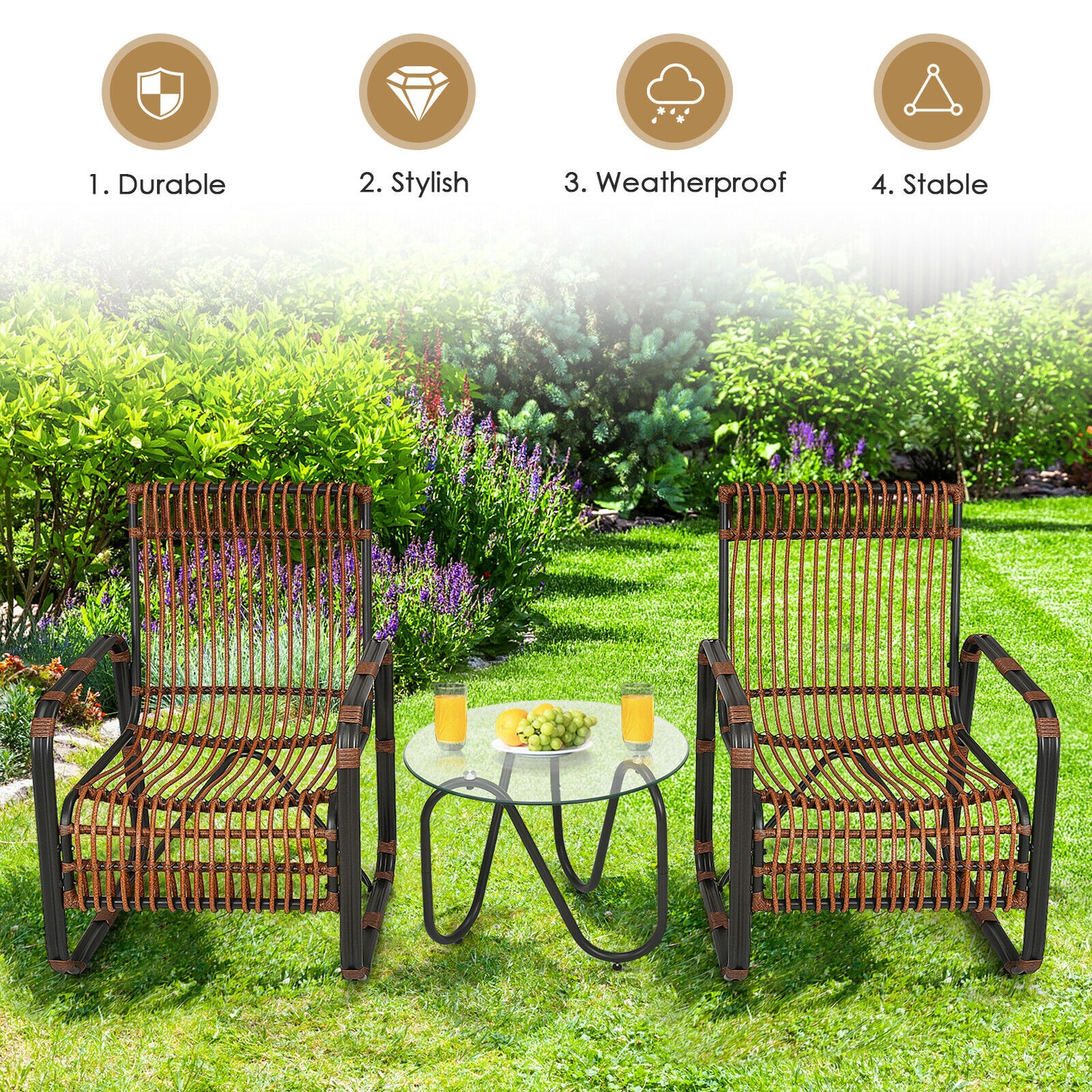 Patiojoy 3PCS Patio Rattan Furniture Set Conversational Sofa Coffee Table Garden