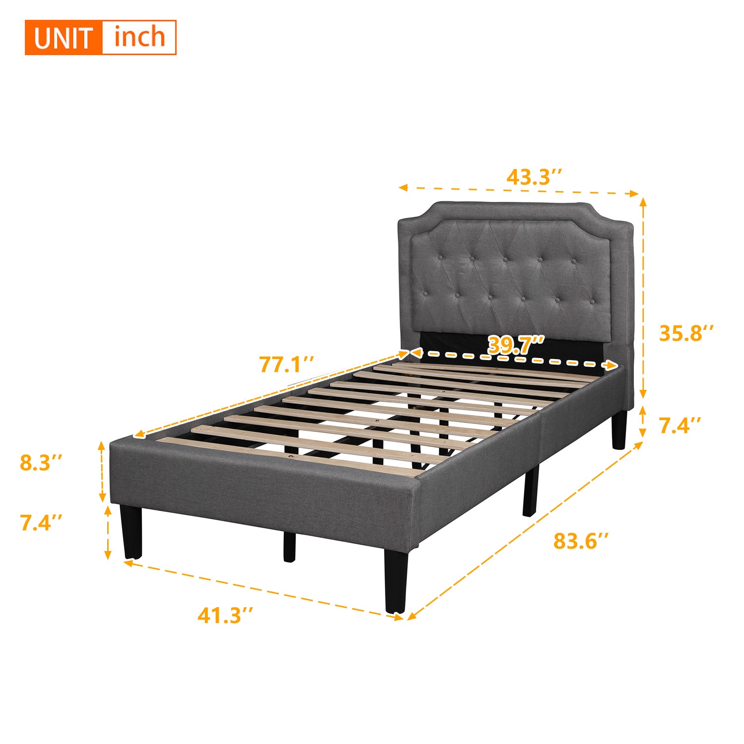 Upholstered Scalloped Linen Platform Bed, Twin Size, Gray Bedroom Furniture for Livingroom US Warehouse