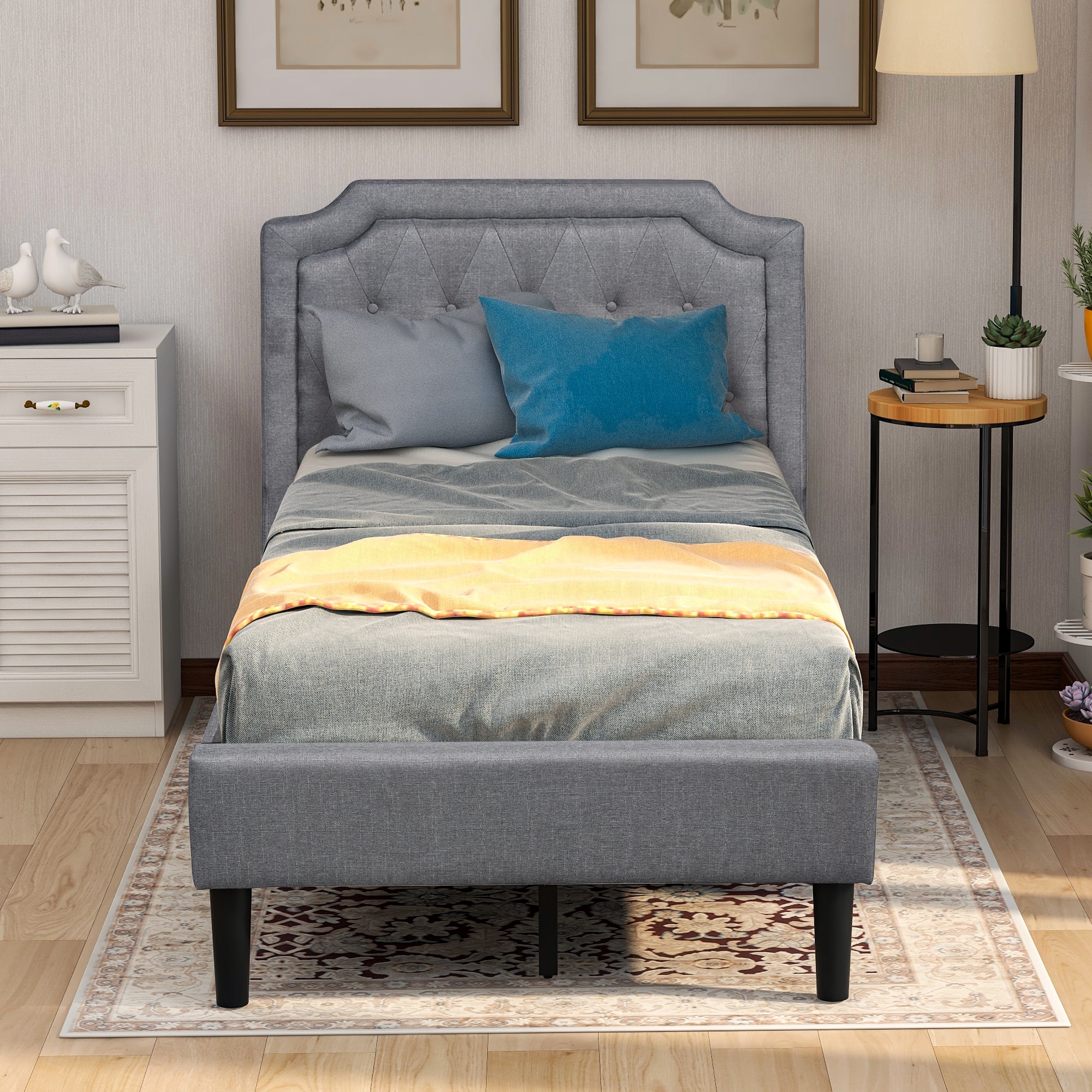 Upholstered Scalloped Linen Platform Bed, Twin Size, Gray Bedroom Furniture for Livingroom US Warehouse