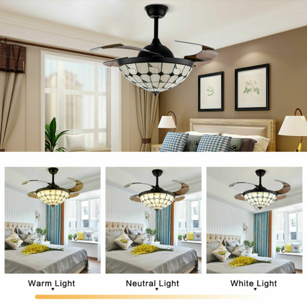 Tiffany Style 42" LED Remote Ceiling Fan Light Retractable Blades 10
