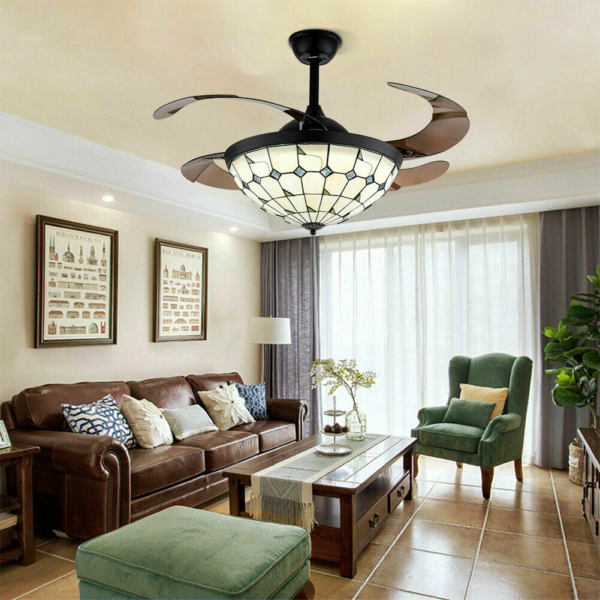Tiffany Style 42" LED Remote Ceiling Fan Light Retractable Blades 2