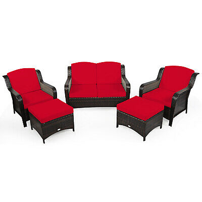 5PCS Patiojoy Rattan Furniture Set Loveseat Sofa Ottoman W/Red Cushion 8