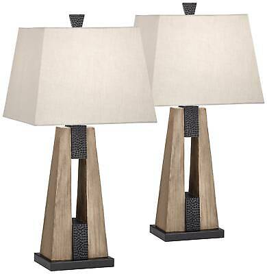 Rustic Farmhouse Table Lamps Set of 2 with USB Wood Oatmeal Shade 1