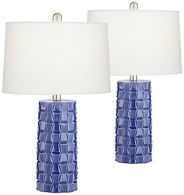 Modern Table Lamps Set of 2 Textured Blue Ceramic Column 1