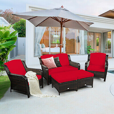 5PCS Patiojoy Rattan Furniture Set Loveseat Sofa Ottoman W/Red Cushion 3