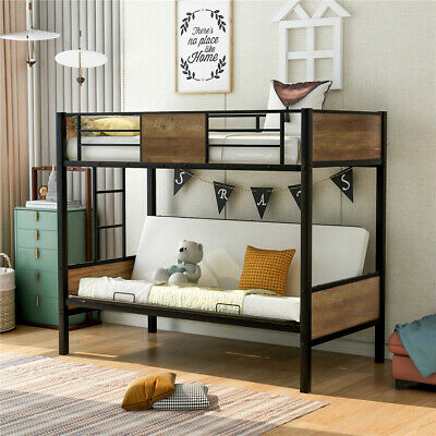 Metal Twin Size Full Bunk Bed Frame With Guardrails Ladder