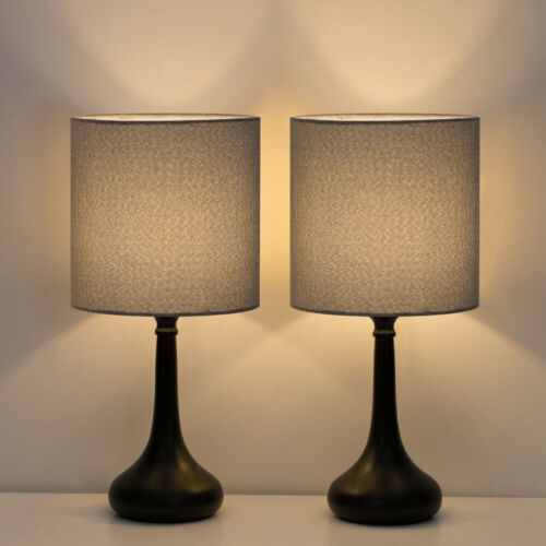 Modern Set of 2 Bedside Lamp Gray Linen Table Lamp Pair for Bedroom,Living Room 1