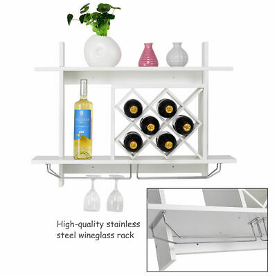 Wall Mount Wine Rack w/ Glass Holder & Storage Shelf Organizer Home Decor White 3