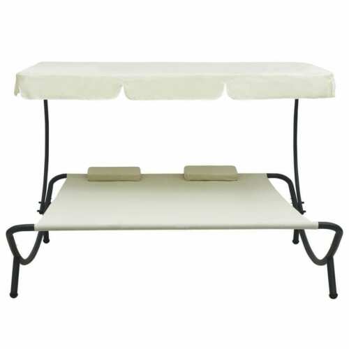 Outdoor Lounge Bed w/Canopy Pillows Cream Patio White Garden Sun Day Bed Chairs 1