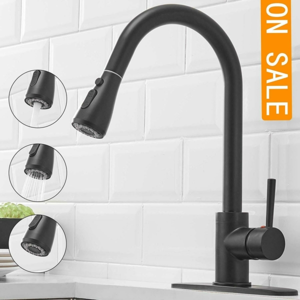 Matte Black Swivel Kitchen Sink Faucet Pull Out Sprayer Single Handle Mixer Tap 2