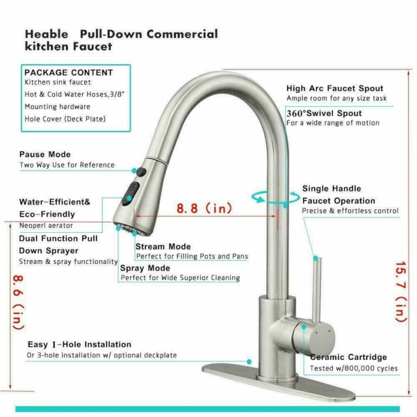 Kitchen Sink Faucet Stainless Steel Single Handle W/ Pull Out Sprayer 3