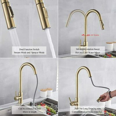 Brushed Gold Kitchen Sink Faucet Pull Out Spray Commercial 1 Hole Deck Mount 4