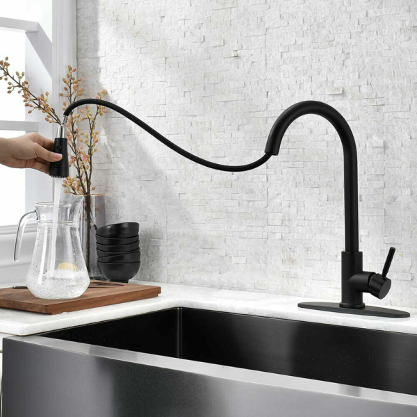 Kitchen Faucet Black Pull Down Sprayer Head 3 Holes Sink Taps W/soap dispenser 5