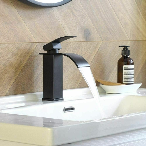Bathroom Sink Faucet Waterfall Basin With Cover Plate Mixer Tap Matte Black
