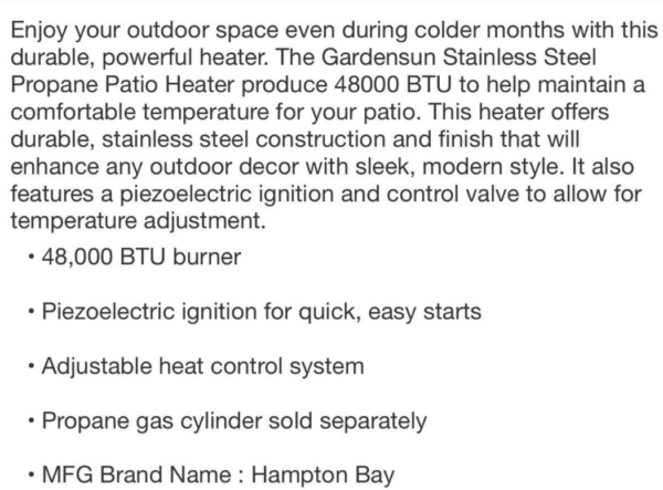 Hampton Bay Patio Heater 48000 BTU Propane Stainless Steel Outdoor Heating 6