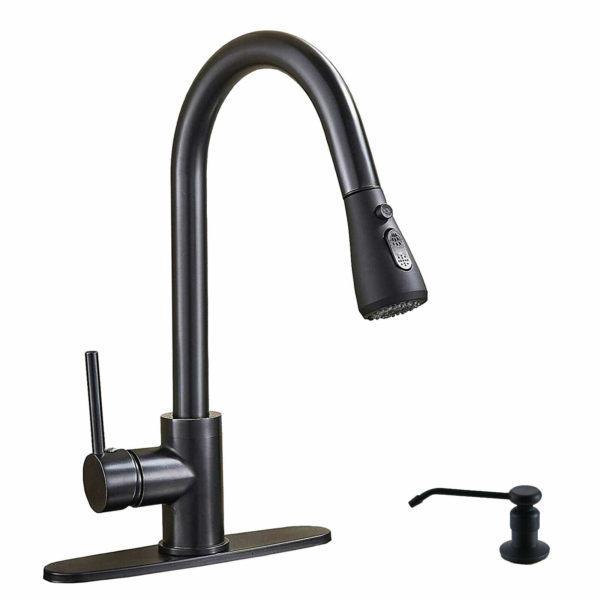 Kitchen Faucet Black Pull Down Sprayer Head 3 Holes Sink Taps W/soap dispenser 1