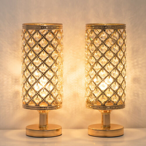 Set of 2 Gold Crystal Table Lamp Vintage Nightstand with Clear Crystal Lampshade 1