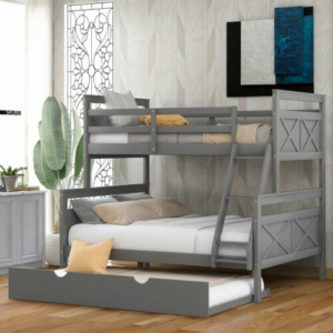 Merax Twin Over Full Bunk Bed with Ladder, Twin Size Trundle, White/Gray